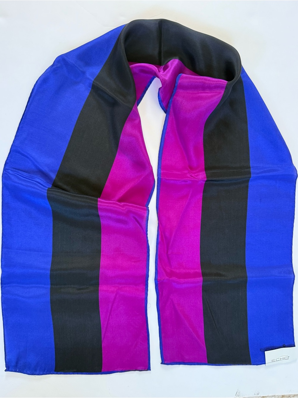 VTG Echo 100% Silk Scarf Rectangle 47”x 8” Blue Black Purple Made In Japan